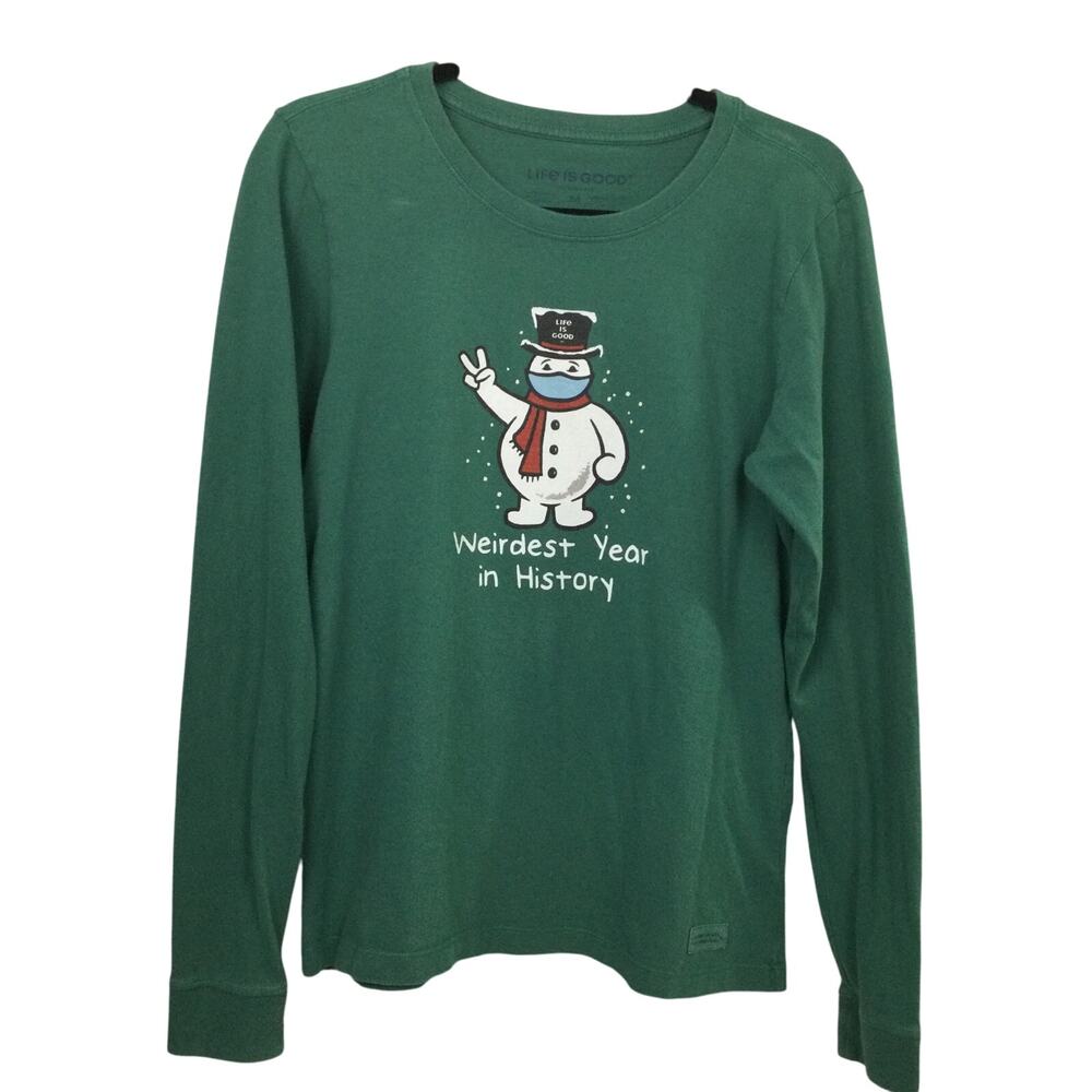 Life is Good Snowman Weirdest Year in History Crew Neck Christmas T-Shirt M